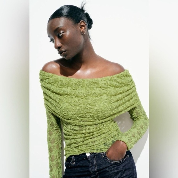 Zara Sweaters - ZARA Off-Shoulder Pistachio Lace Top — Semi Sheer, Ruched, (Sz M, Fits S)